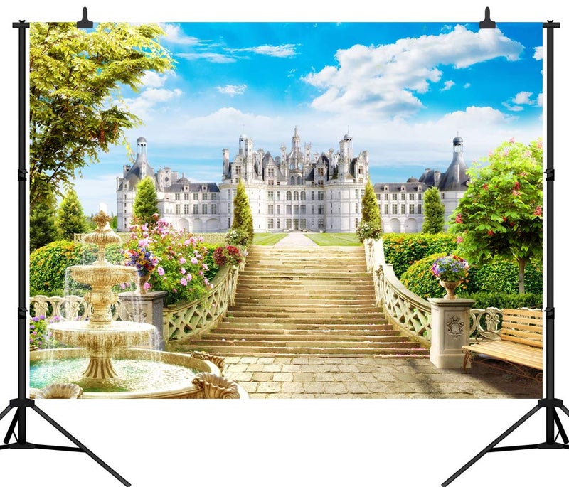 CapiSco 9X6FT Castle Stairs Backdrop Vinyl Photography Studio Background Outdoor Fountain Blue Sky White Clouds Wedding Party Decoration Polyester Seamless Photo Studio Booth Backdro SCO44B - Image 2